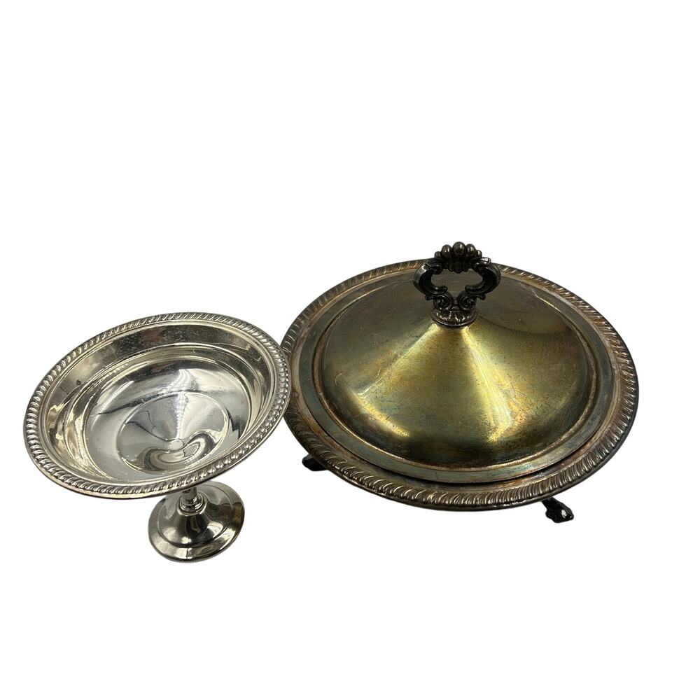 Vintage B Rogers Silver Co Serving Dish W Lid Footed Stem Candy Dish Dip MCM